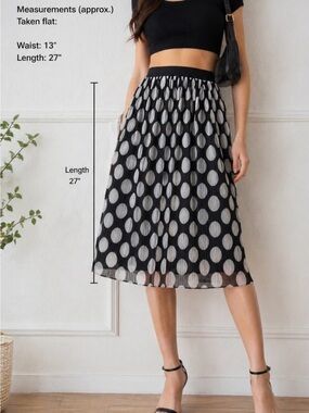 Mango Polka Dot Pleated Midi Skirt Black White Elastic Waist Size XS